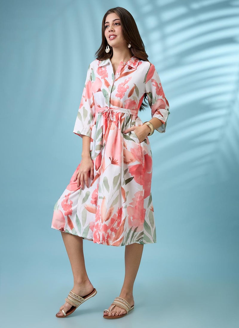 Globus Women White Floral Print Shirt Collar Gathered Fit and Flare Midi Fusion Dress With Belt - Image 3